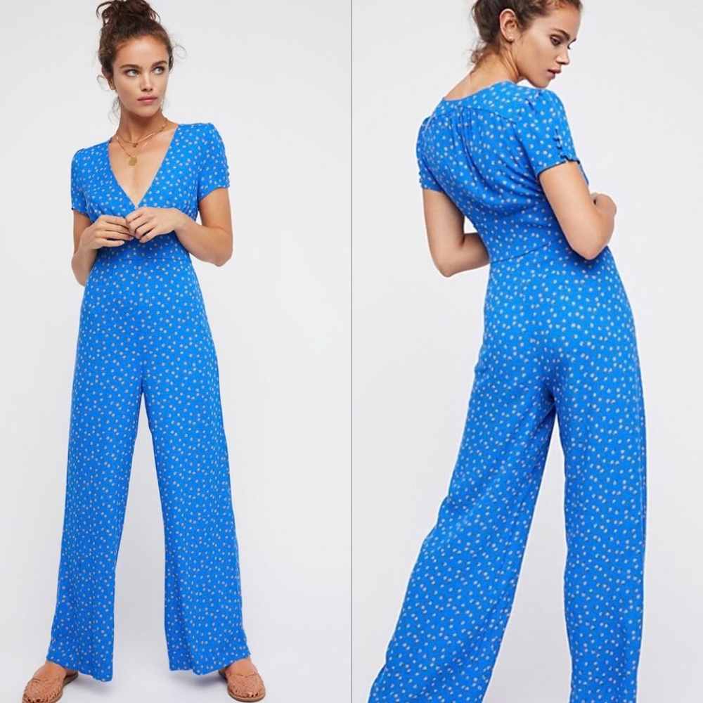 free people v-neck plunging blue printed mia jumpsuit